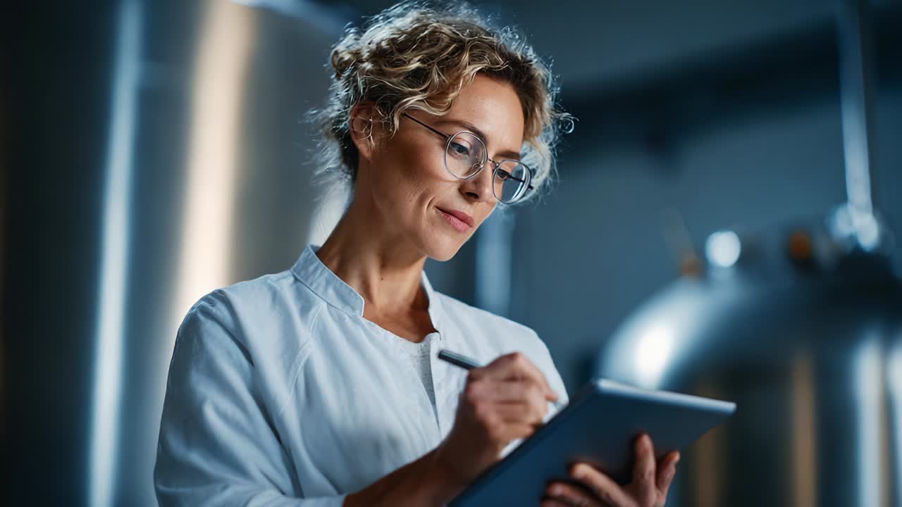 Focused Professional Engaged in Documentation and Analysis Inside a Modern Laboratory Setting, Holding a Tablet and Making Observations, Showcasing Expertise in Scientific Research and Development Processes