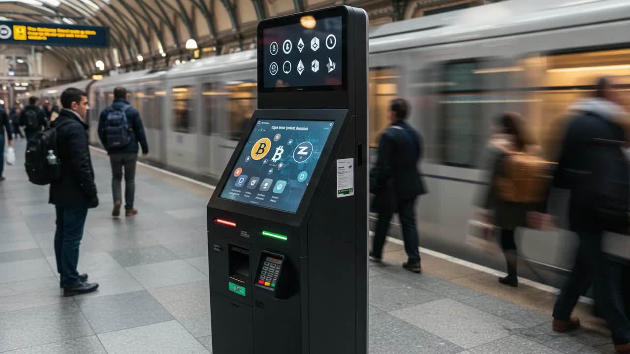 Interactive Digital Kiosk at a Busy Underground Station with Cryptocurrency Options and Nearby Passengers in Motion