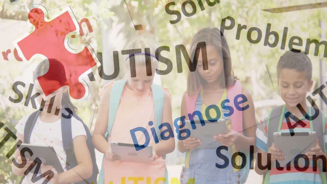 전자 기기를 사용하는 아이들의 친구들에 대한 자폐증 텍스트의 애니메이션