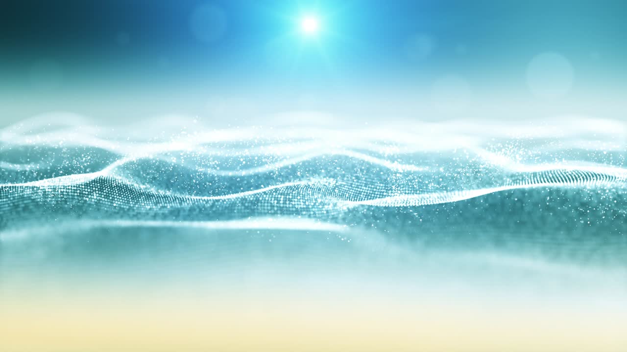 Digital particles. Sea wave and beach style, with bokeh and light. motion background for summer concept