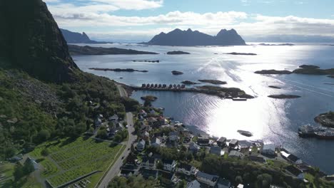 svolvaer scenic coastal road in lofoten islands, norway - aerial 4k