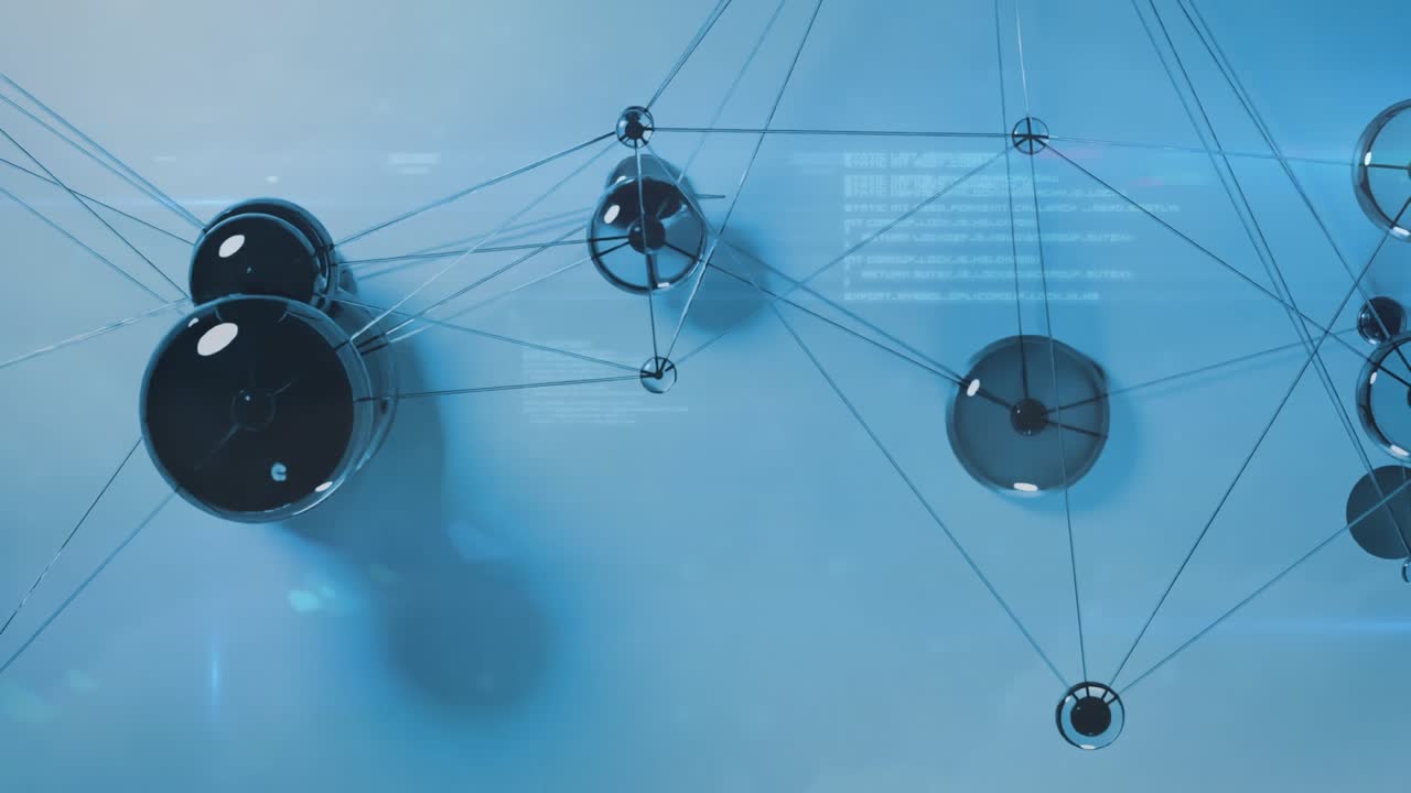 Animation of network of connections over drone with parcel over airport