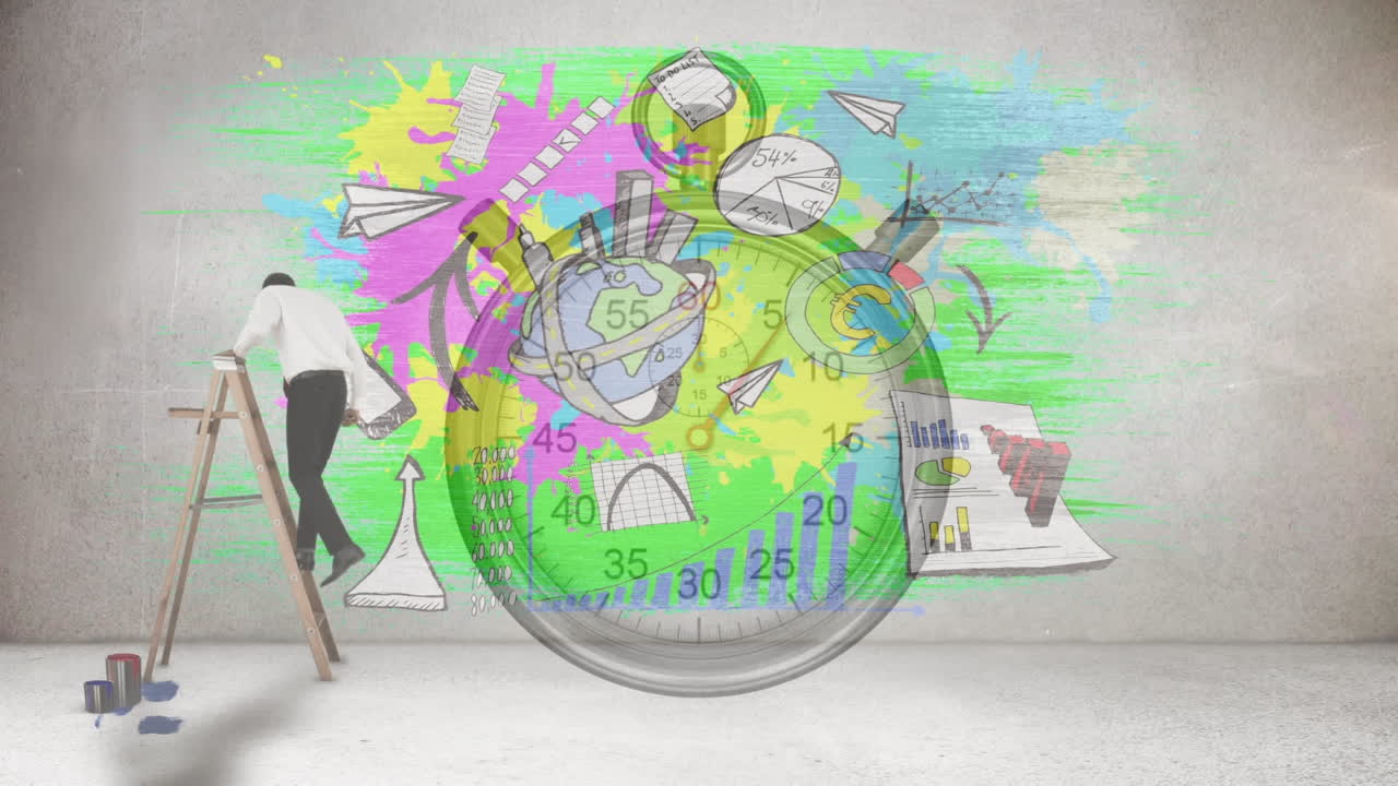 animación de estadísticas con un hombre de negocios en una escalera y un cronómetro