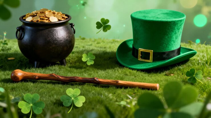 Blowing breeze sending shamrock leaves drifting over grass, revealing gold pot, green top hat, wand