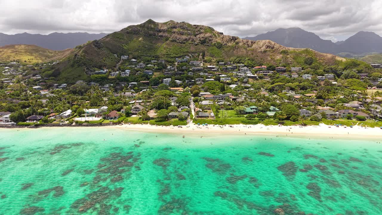 Aerial View of Lanikai Beach and Oahu Island, Hawaii USA, Drone Shot