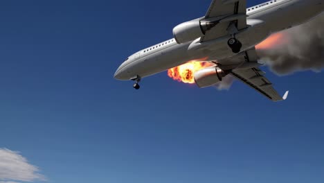 white passenger airplane with engine on fire flying in the blue sky, creating a trail of dark smoke, concept of aviation safety and accidents