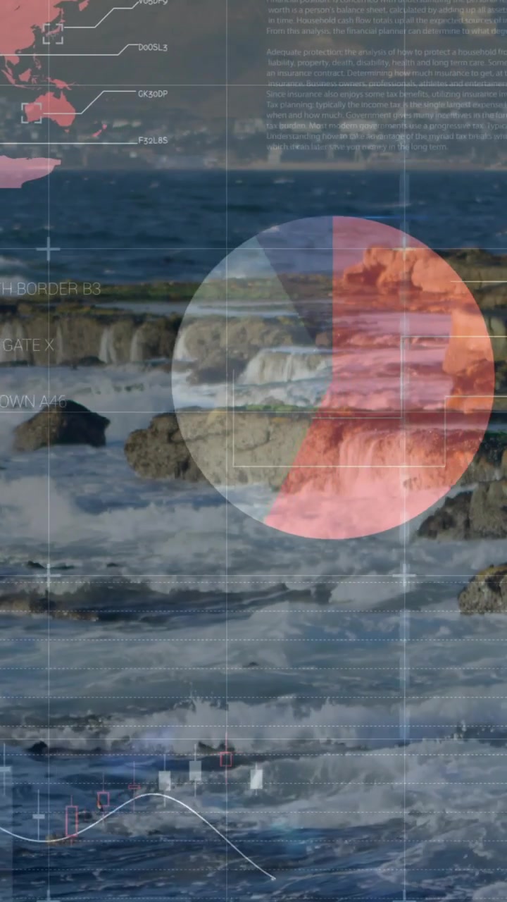 Video verticale: linea della griglia che appare, HUD che anima percentuali, sovrapposizioni a torta, barre in aumento che testano PH2.