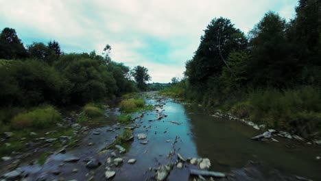 un vuelo bajo y rápido de drones sobre un hermoso río de montaña entre árboles verdes en verano