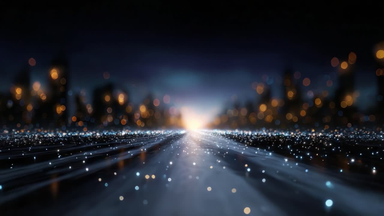 Un viaggio surreale attraverso un sentiero scintillante illuminato da un bagliore etereo, che conduce verso un orizzonte lontano all'alba in un paesaggio urbano mistico