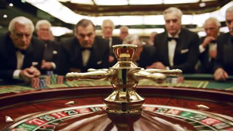 a high-stakes game of roulette: tension amongst players in a lavish casino setting as the wheel spins with anticipation and hope for winning big