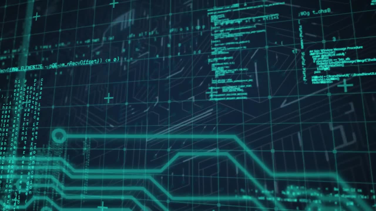 animazione del modello di griglia sul linguaggio del computer contro il modello di scheda di circuito su sfondo nero