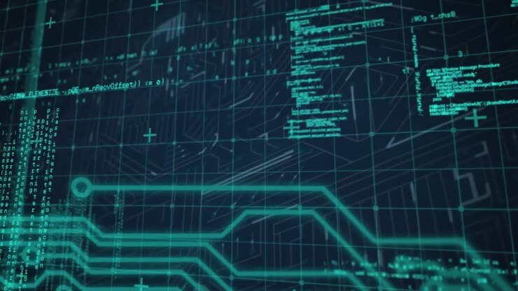 Animation of grid pattern over computer language against circuit board pattern on black background