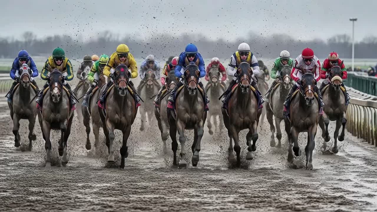 Jockeys racing their horses at full speed on a muddy racetrack
