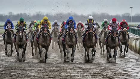 jockeys racing their horses at full speed on a muddy racetrack