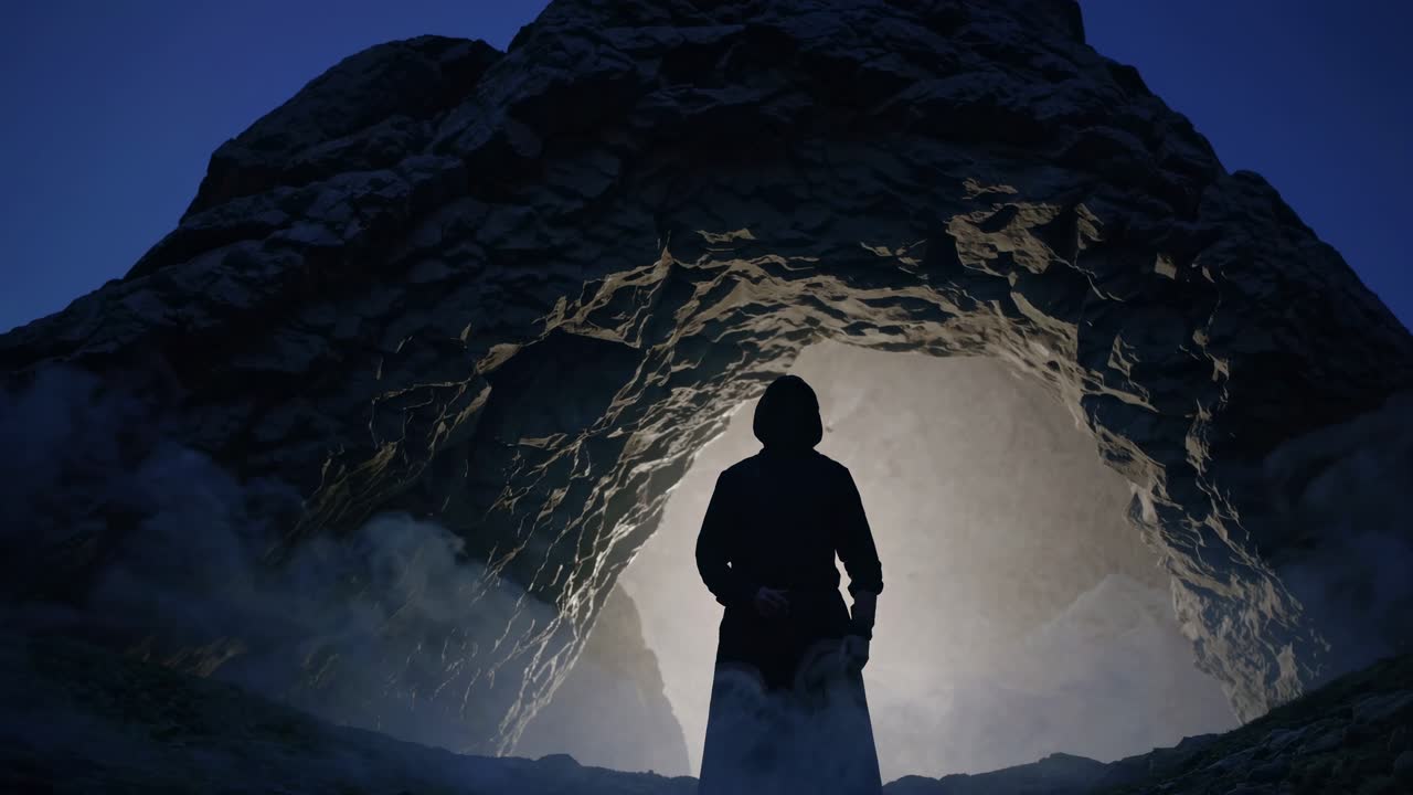 A mysterious figure in a cloak stands at a cave entrance, backlit dramatically