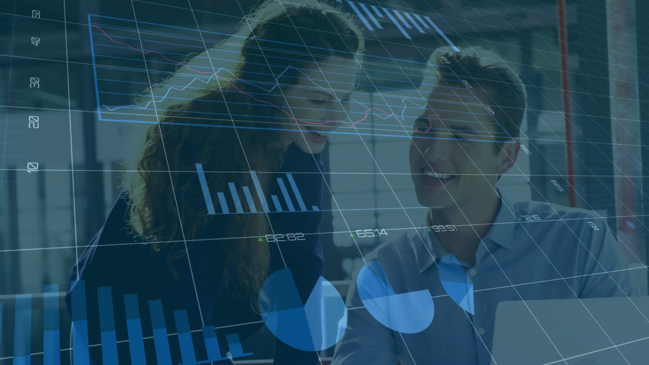 Animation of financial data processing over diverse colleagues discussing work in office