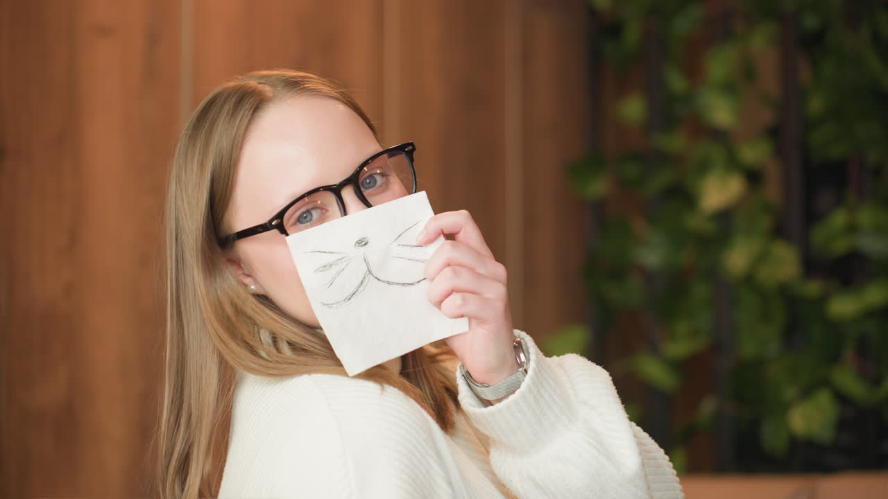 Woman in glasses and white sweater smiling with eyes while holding napkin featuring hand-drawn cat mask close to mouth, seated in cozy setting with soft blurred wooden and green leaf background
