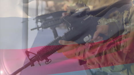 animation of flag of russia over diverse soldiers shooting