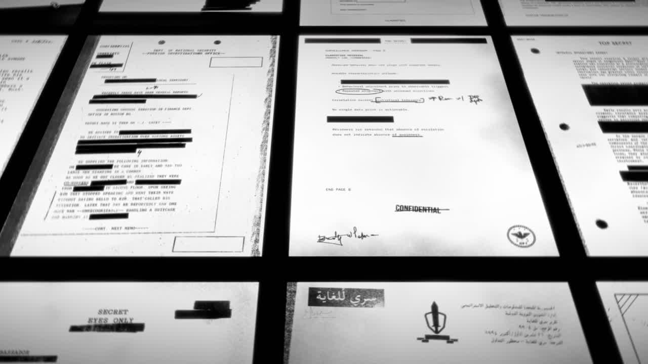 Classified and top secret documents and reports on black background with censored lines and redacted text. Leaked information and government spy agency surveillance or army intelligence data breach