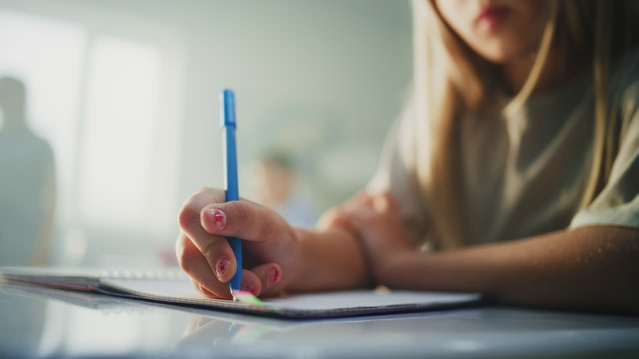 Close Up Shot of Young Girl Writing Exam Doing Task or Drawing in Notebook