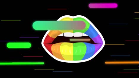 Animation-of-colorful-lines-over-rainbow-lips-on-black-background
