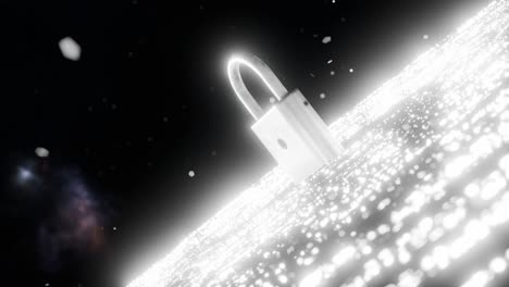 metal padlock standing on glowing white digital surface in dark space. cyber security and data protection concept. design for poster, banner, wallpaper, header