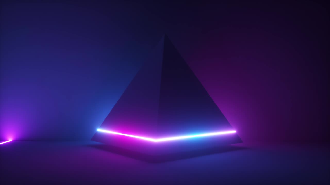 renderizado en 3d, pirámide de luz de neón brillante, espectáculo de láser, espacio en blanco, discoteca, energía esotérica, fondo abstracto, animación de bucle sin costuras, espectro ultravioleta