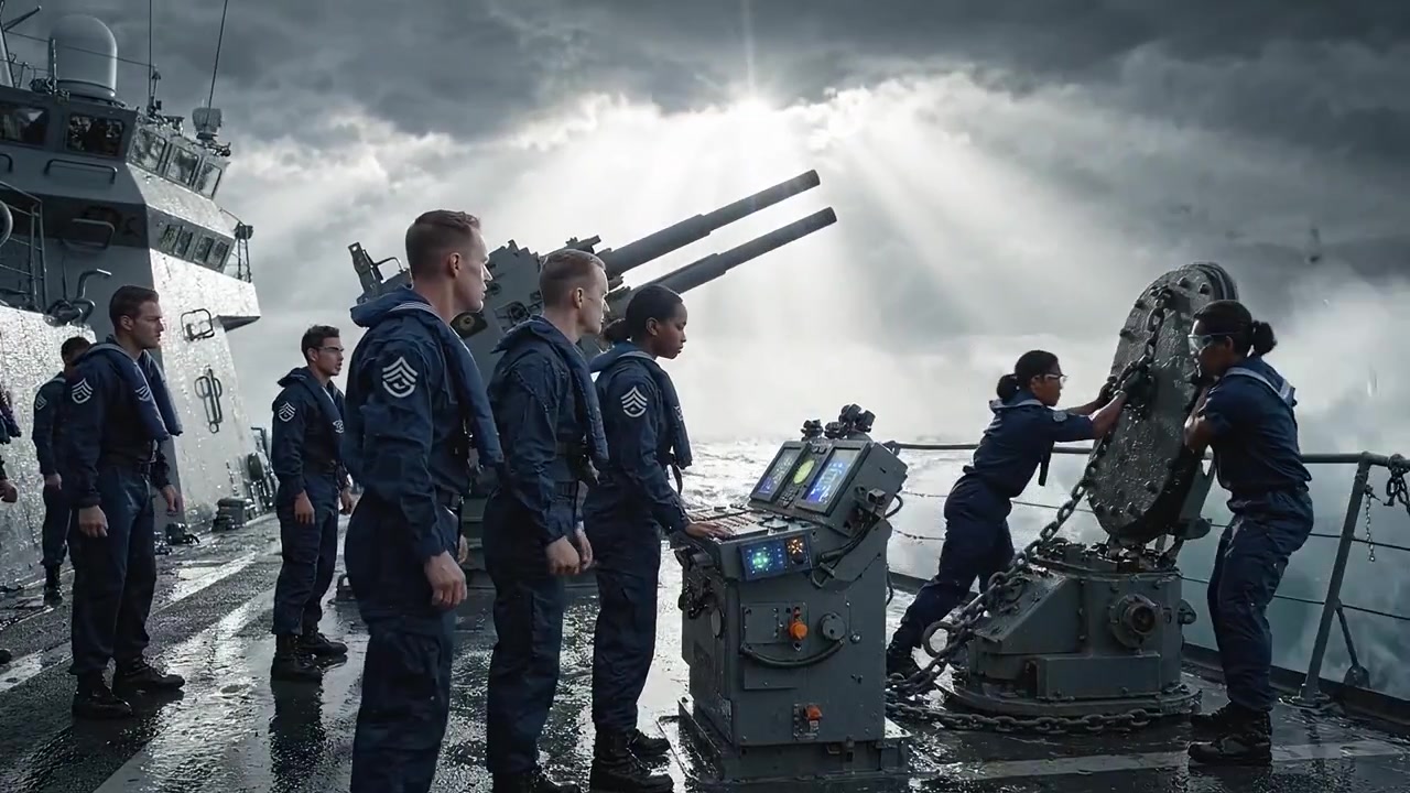 Crew Members Operate Equipment on a Warship Amidst High Seas and Stormy Skies, Showcasing Teamwork and Resilience in Challenging Conditions