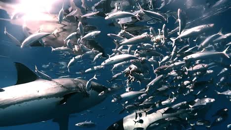 Great-white-sharks-invade-Swarm-of-sardine-fish,-cinematic-slow-motion