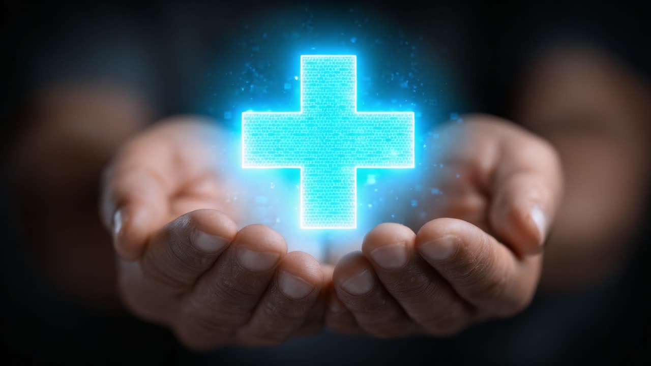 A Glowing Digital Health Symbol: Hands Holding a Bright, Holographic Plus Sign Representing Medical Care and Wellness in a Modern Context
