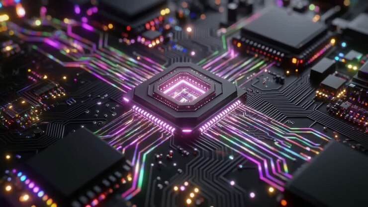 Digitalt printkort med lysende data, der strømmer gennem processor