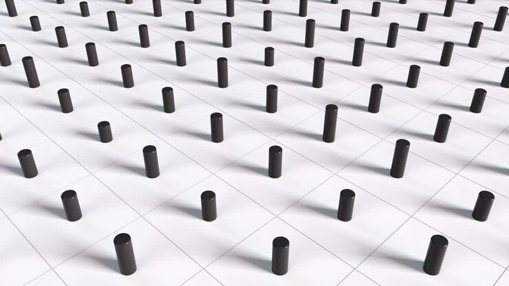 Plane with numerous repeating cylinders. Isometric background with dynamic effect. Computer generated 3d rendering backdrop