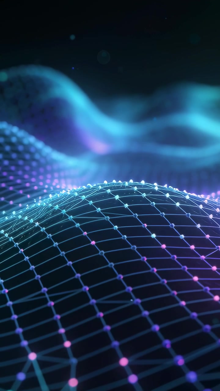 Vertical video: Sending wave starting light mesh rippling in dark void, pulsing nodes showing waves