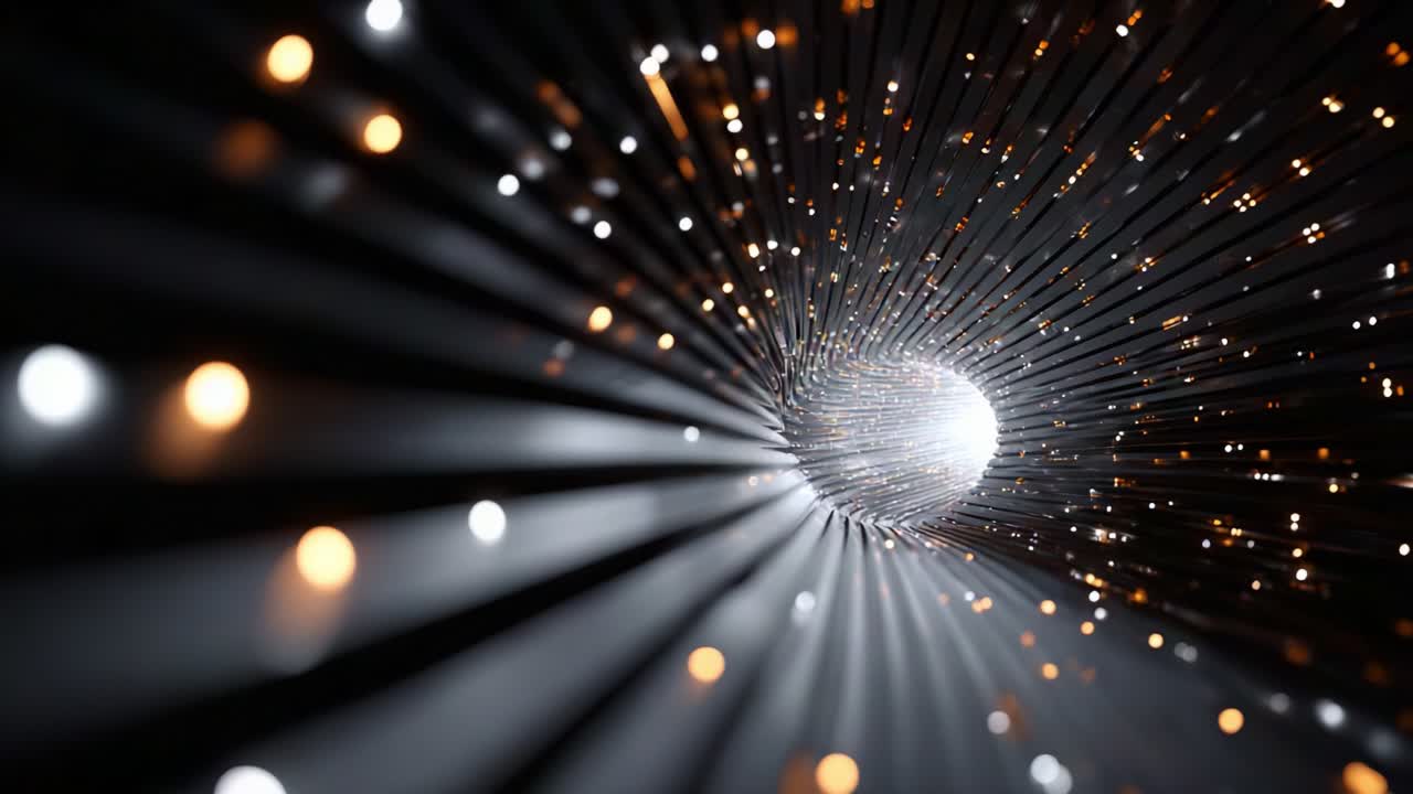 A mesmerizing view into a swirling tunnel of light, where glowing particles and beams of brightness converge into a vibrant and dynamic vortex of energy