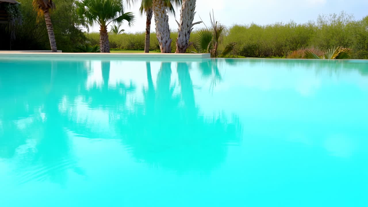 Klart blå swimmingpool med palmetræers spejlinger på et tropisk feriested.