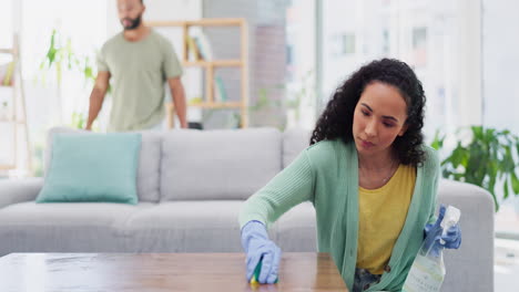 cleaning, home and couple tidy in living room