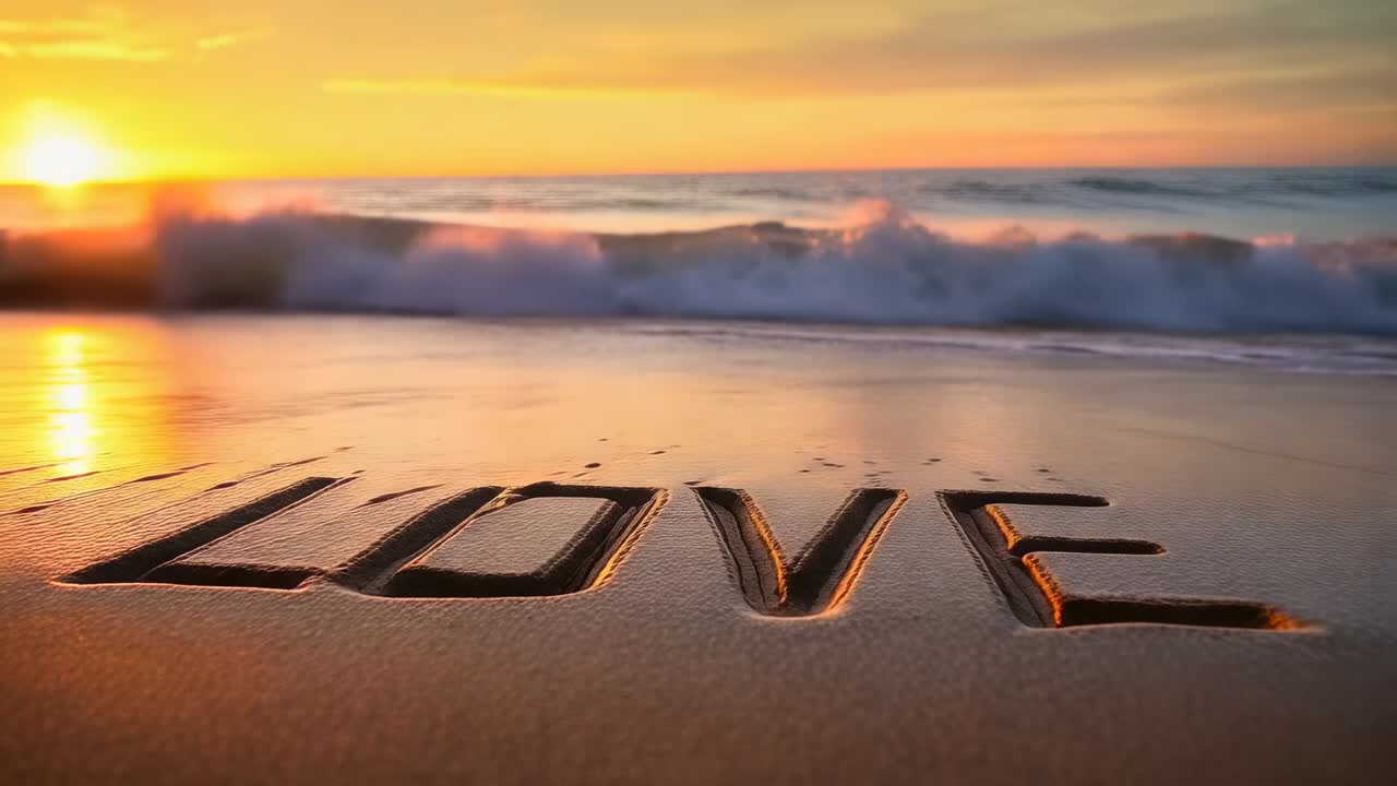 Rising tide advancing over carved LOVE on shoreline, lapping grooves and smoothing sand