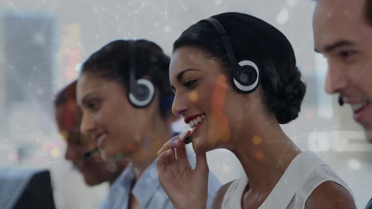Animation of network of connections over happy diverse female and male consultants
