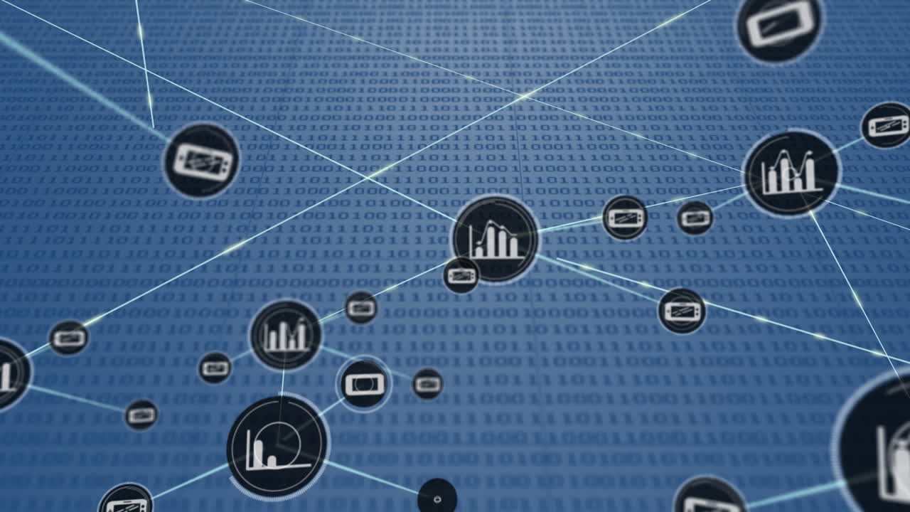 Animation of network of connection with icons over blue background with binary code