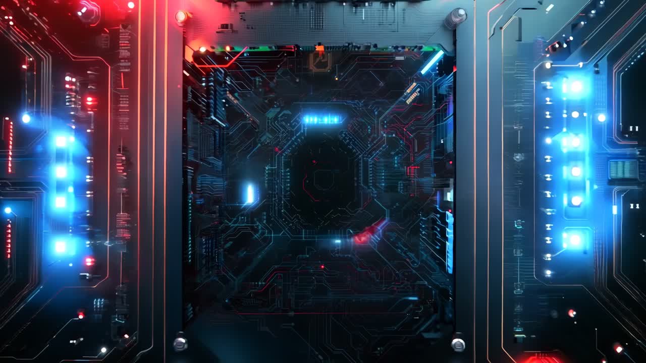 A computer motherboard with red and blue lights on it