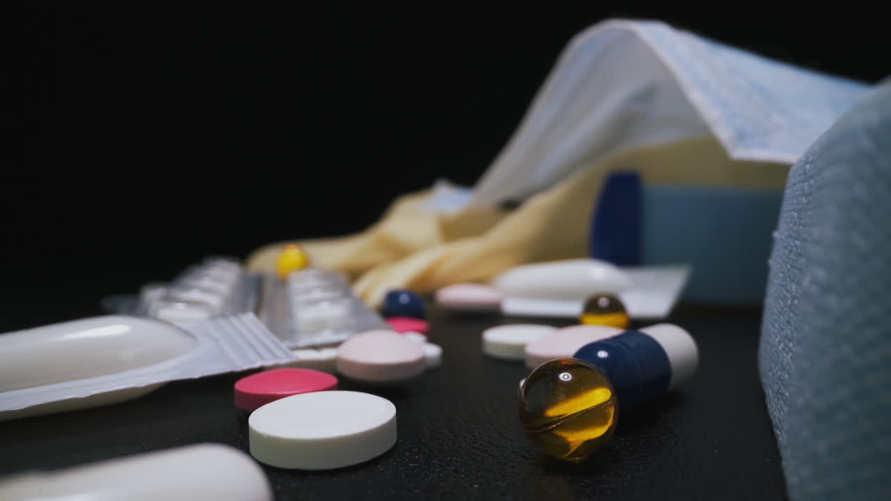 어두운 배경에서 바이러스를 치료하는 의약품과 장비