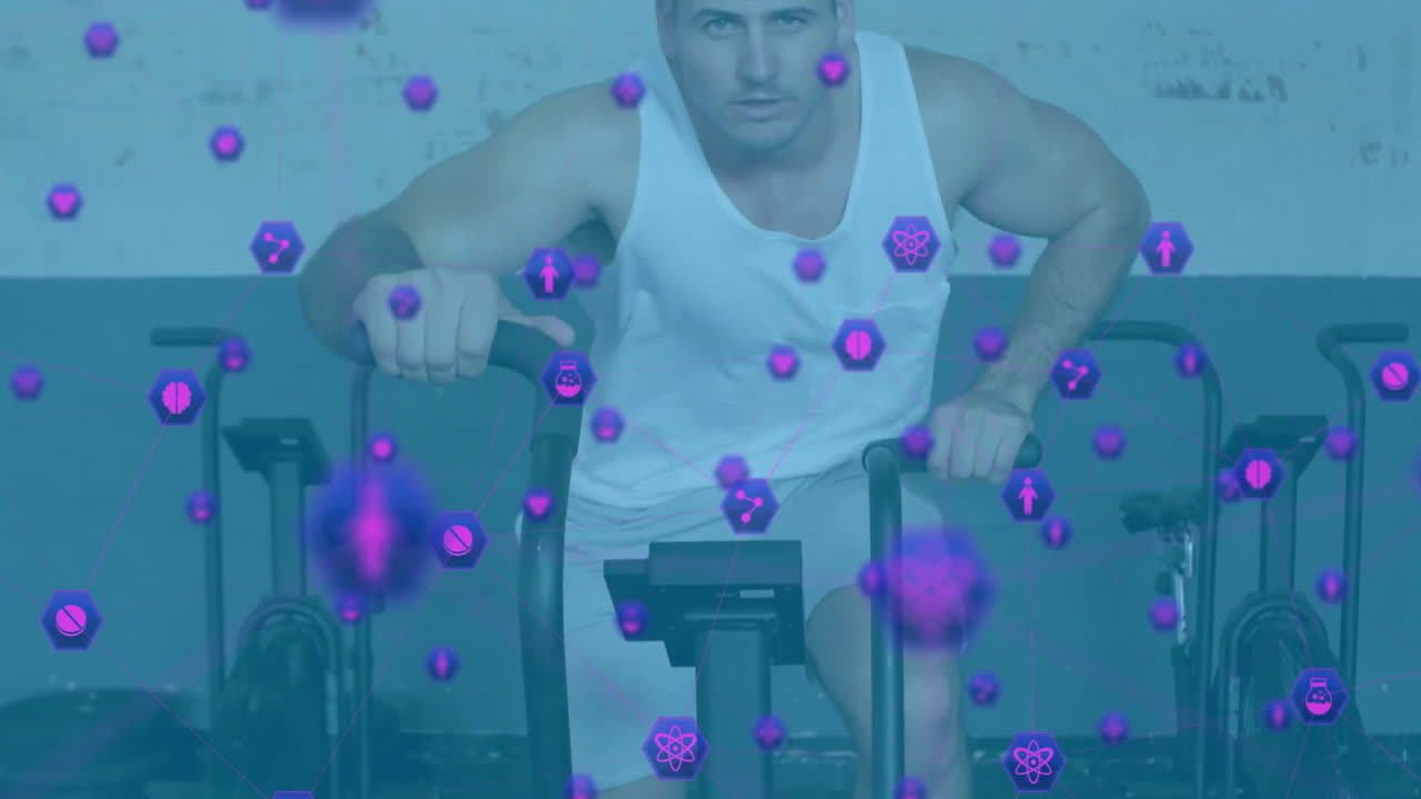 건강 및 피트니스 데이터 애니메이션을 통해 정지 자전거에서 운동하는 사람