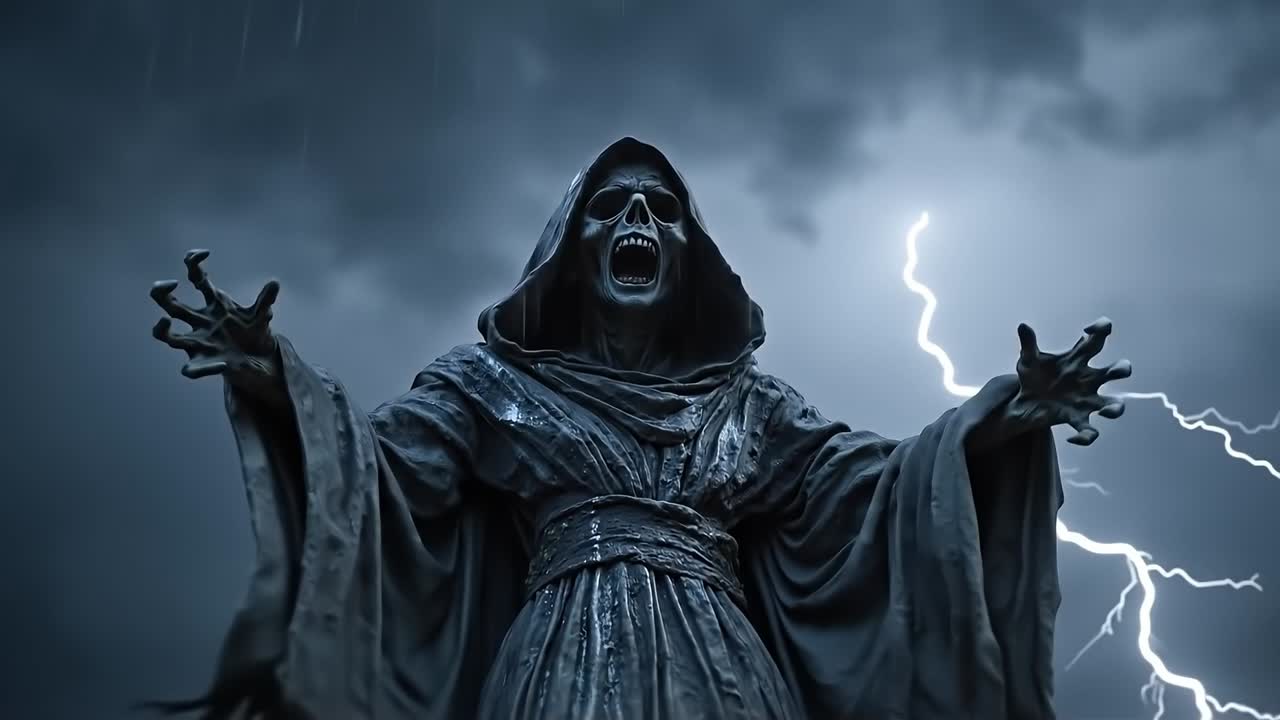 A statue of a grim reaper with his arms outstretched in front of a stormy sky