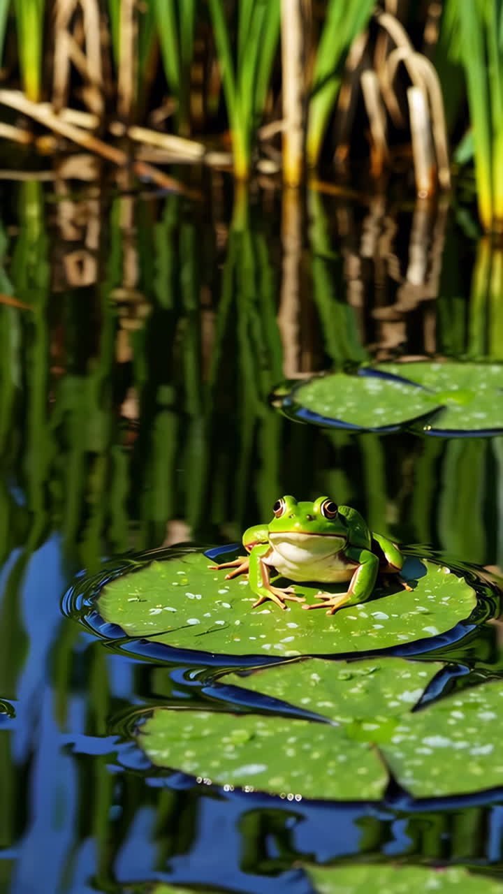 A green frog jumping into a pond from a lily pad