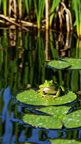 a green frog jumping into a pond from a lily pad