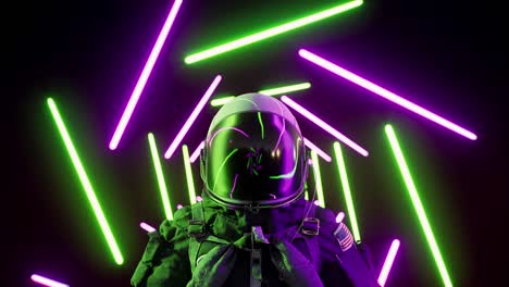 retrowave astronaut among neon laser beams. futuristic space suit 3d render