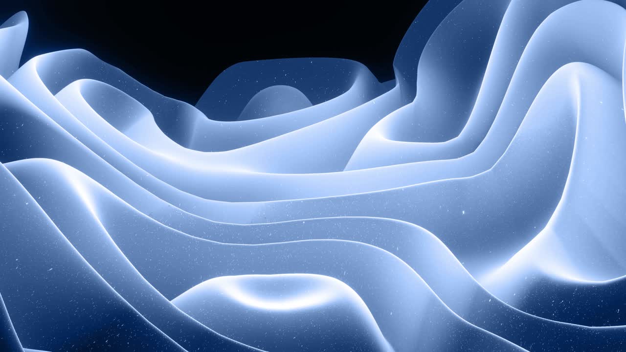 Beautiful abstract 3D surface with glitter sparkles, abstract 3d waves run on surface in loop. Black gray gradient, soft matte material with light inner glow. Smoothly 4k animation