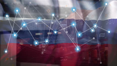 animating network connections and data points over abstract red and blue background