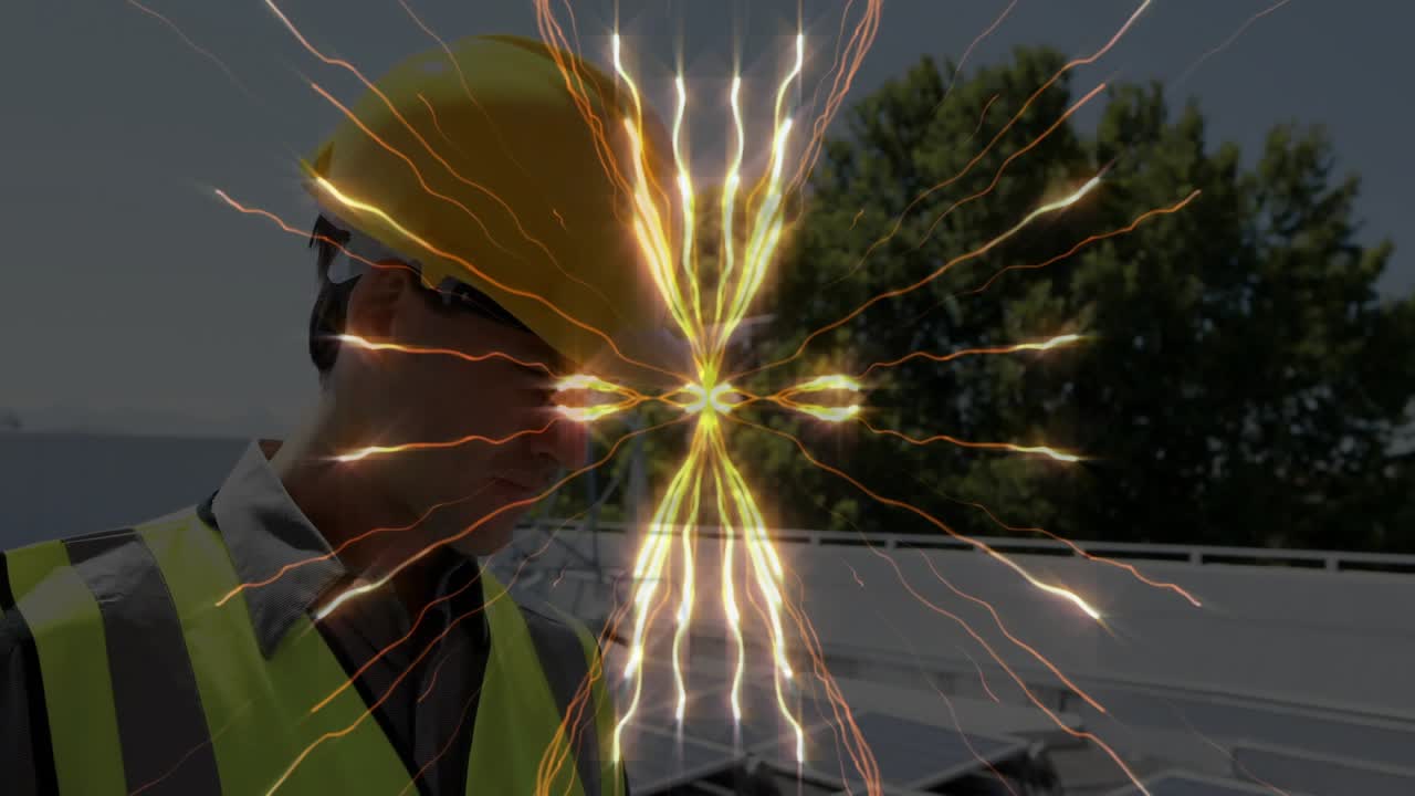 Solar technician powering laptop and generating animated voltage charts while checking panel output