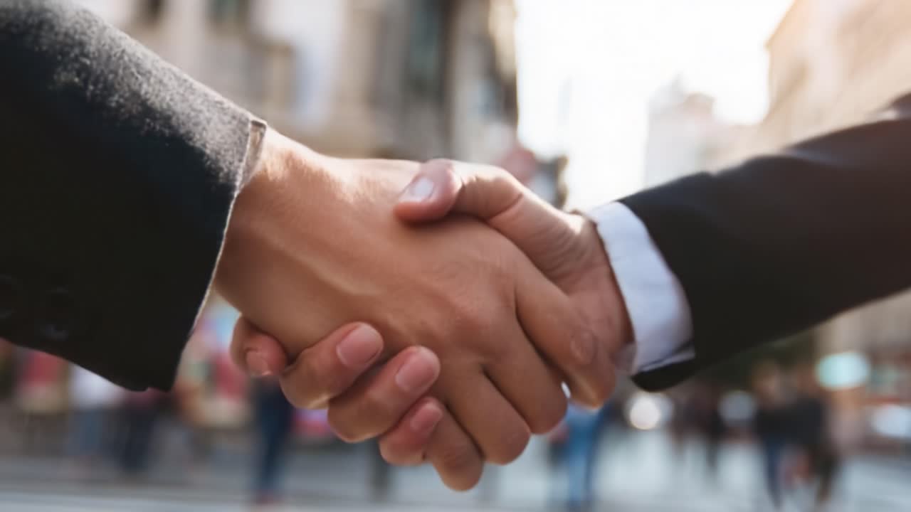 Two individuals engage in a firm handshake, symbolizing agreement, partnership, or mutual respect in a professional or social context, set against a vibrant urban backdrop